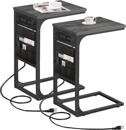 TUTOTAK C Shaped End Table with Charging Station, Side Table for Sofa, Couch Table with Storage Bag, Set of 2, TV Tray Table with 2 USB Ports and Outlets for Living Room, Bedroom, TB01BY0242