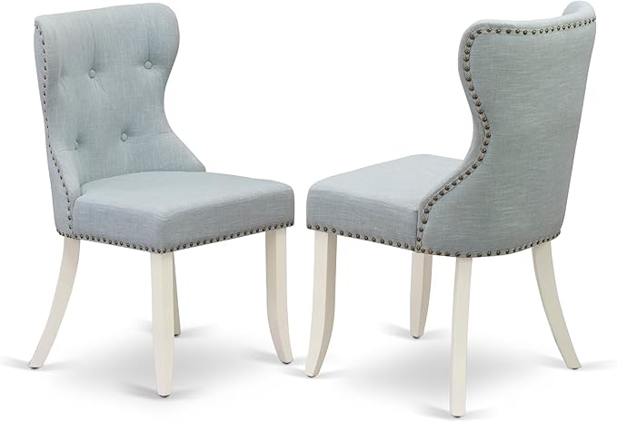 East West Furniture V027SI215-9 9 Piece Kitchen Table Set Includes a Rectangle Dining Table with V-Legs and 8 Baby Blue Linen Fabric Parson Dining Room Chairs, 40x72 Inch, Multi-Color