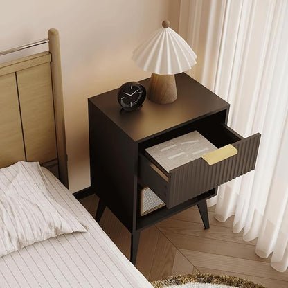 Fluted Night Stand with Opening Storage,Mid Century Bedside Table with Drawer,Modern Nightstand with Solid Wood Legs,End Table Side Table for Living Room,Bedroom,Black CTG56BK