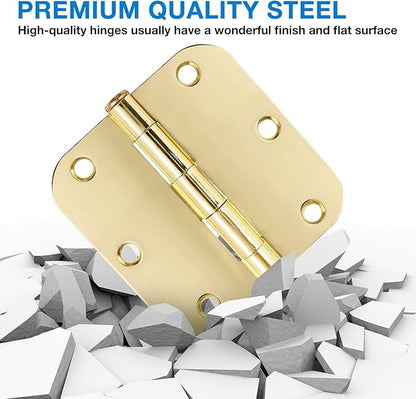 3 Pack Rounded Door Hinges 3-1/2" x 3.5 inch, 5/8 Radius, Polished Brass 3 ½ Inch Gold House Interior Hinge for Bed/Living/Guest/Pantry/Storage/Study/Work Room Doors Heavy Duty Steel Hardware Kit