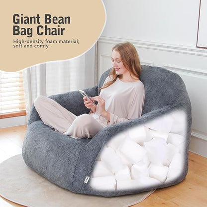 FAREYY Giant Bean Bag Chair with Armrests, Oversized Bean Bag Couch for Adults and Kids, Faux Fur Comfy Large Chair with Filler, Stuffed Lounge Floor Boneless Chair for Living Room, Light Gray