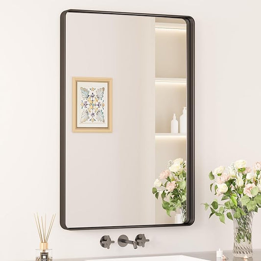 Keonjinn Black Bathroom Mirror for Vanity 24 x 36 Inch Metal Framed Wall Mirror Matte Black Rounded Rectangle Farmhouse Mirror, HD Tempered Glass, Wall-Mounted Decorative Mirror(Horizontal/Vertical)