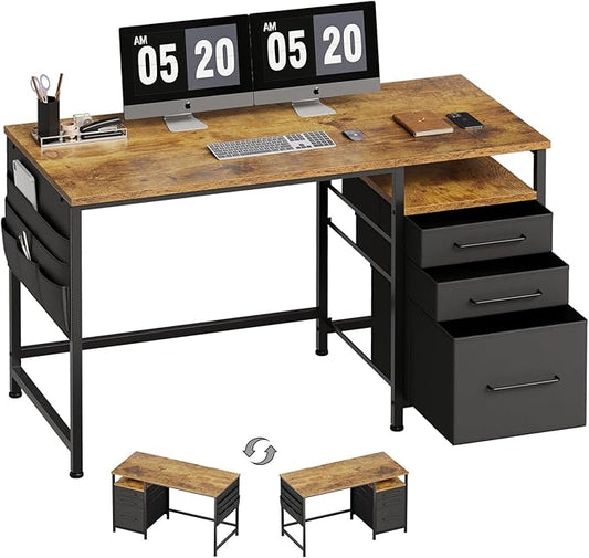 Ｍａｉｈａｉｌ Maihail Computer Desk with Drawers, 47 Inch Desk with 2 Drawers and Shelves, Office Table with Storage, Home Office desks, Metal Frame for PC Laptop, Rustic Brown