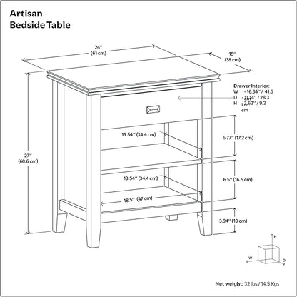 SIMPLIHOME Artisan SOLID WOOD 24 inch Wide Transitional Bedside Nightstand Table in Warm Walnut Brown for the Living Room and Bedroom