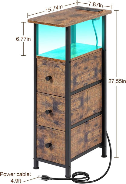 Narrow End Tables Living Room Set of 2 with Charging Station, Skinny Side Table with Fabric Drawers, Slim LED Nightstand for Bedroom, Small Spaces, Couch, Rustic Brown, HETNDP03LPBR