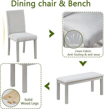 Ball & Cast 6 Piece Dining Table Set,Kitchen Table Set for 6 W/ 58.5" Rectangular Wooden Dining Table,Living Room Furniture W/ 4 Upholstered Chairs & 1 Bench,for Dining Room,Kitchen,Silver Grey