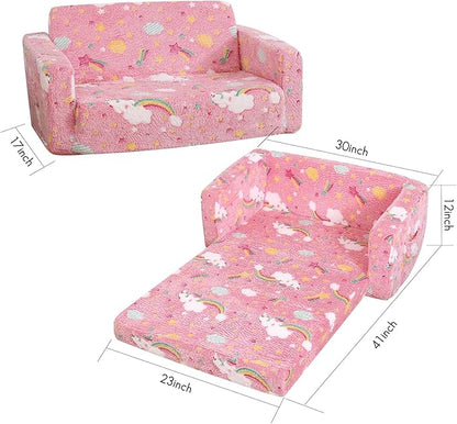 Foldable Kids Sofa Extra Wide for 2 Seats, Soft Kids Fold Out Couch Glow in The Dark,Convertible Sofa to Lounger Toddler Sofa Chair(Rainbow)