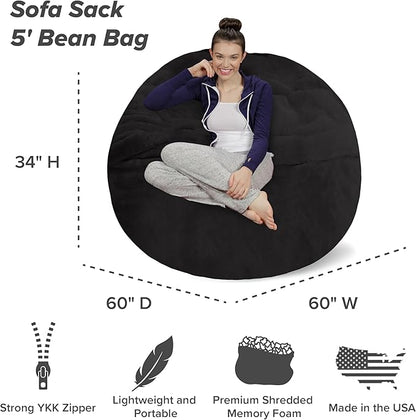 Sofa Sack Bean Bag Chair - Plush, Ultra Soft - Memory Foam Bean Bag Chair with Faux Rabbit Fur Cover - Stuffed Foam Filled Furniture and Accessories for Dorm Room 5 Feet - Black