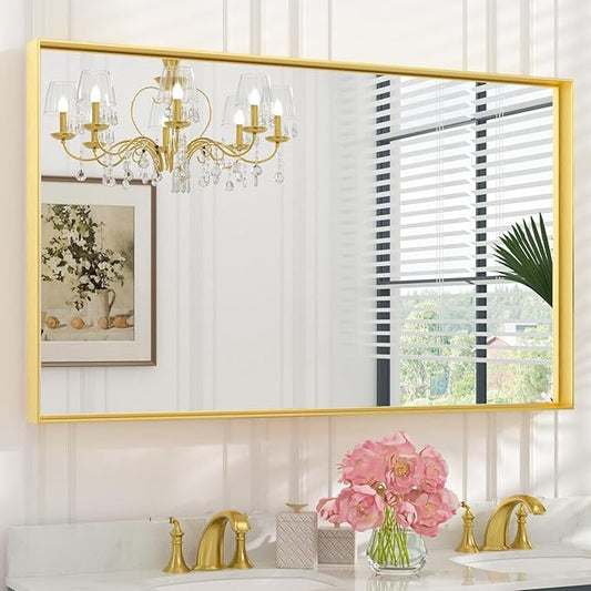 Keonjinn Gold Bathroom Mirror 48 x 30 Inch Gold Trimmed Bathroom Wall Mirror Large Brushed Metal Frame Mirror for Over Sink, Modern Farmhouse Vanity Rectangle Mirror(Horizontal/Vertical)