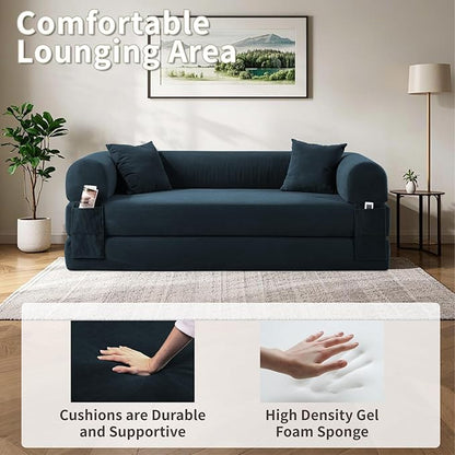 80" Convertible Sofa Bed, Corduroy Deep Seat Folding Pull Out Couch with Pillows, No Assembly Modern Boneless Couch Compression Sofa in Box, Floor Sofa with Storage Pocket for Living Room,Dark Blue