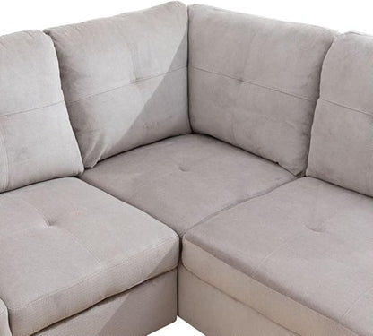 Grey White L-Shaped 3-Piece Corduroy Sofa with Storage Ottoman Set, Sectional Couch Sofa Set for Living Room, Office, Small Space