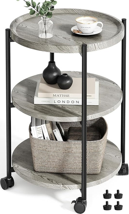 End Tables Living Room, 3-Tier Modern End Table with Wheels, Small Side Table Nightstand Bedside Table for Living Room, Bedroom, or Small Spaces-Gray