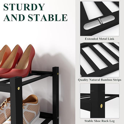 Smiry Shoe Rack, 4 Tier Bamboo Shoe Organizer, Stackable Free Standing Wooden Shoe Storage Shelf for Closet, Entryway, Front Door Entrance, Black