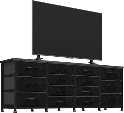 63 Inch TV Stand Dresser for Bedroom, Long Black Dresser with 14 Fabric Drawers for 65 70 75 Inch TV, Entertainment Center with Storage Media TV Console Table