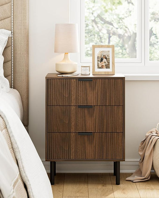 Night Stand,Tall Bedside Table with 3Storage Drawers,Walnut Nightstand,Bedside Furniture,Side Table with Gold Frame,End Table for Bedroom,Living Room