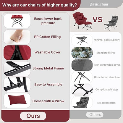Lazy Chair with Ottoman, Comfy Fabric Accent Lounge Armchair with Lumbar Pillow and Folding Footrest, Reading Leisure Sofa Chair for Bedroom, Living Room, Dorm,Burgundy