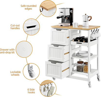 Yaheetech Kitchen Island Cart on Wheels with Bamboo Countertop, Rolling Serving Utility Trolley Cart with 3 Drawers, 3 Removable Shelves & Lockable Casters, Storage Cabinet for Dining Room, Bar, White