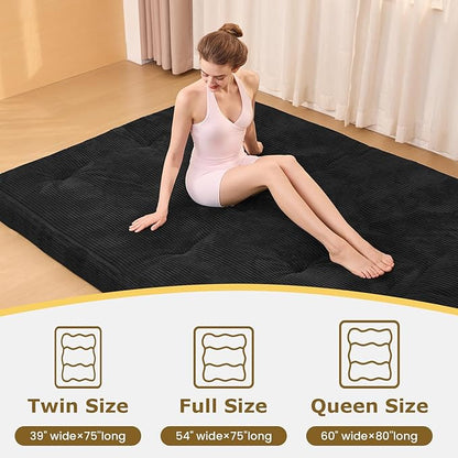 Japanese Floor Mattress, 4" Thicken Futon Mattress Queen Size Sleeping Pad, Corduroy Foldable Mattress Pad Roll Up Tatami Mat Floor Mattress for Adults（Black）