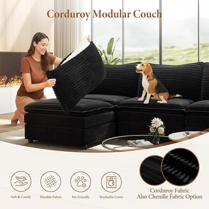 Vesgantti 108" Modular Sectional Sofa, Comfy Cloud Couch with Movable Ottoman Deep Seat Corduroy L Shaped Modular Sofa, Sectional Couches for Living Room, Bedroom and Apartment, Black