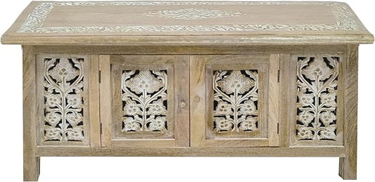 Lightnpro Handmade Wooden Coffee Table - Rectangular Foldable Table with Storage,Intricate Carving, Modern & Contemporary Home Décor, Compact Living Room Furniture – 36 Inch White Wash Finish