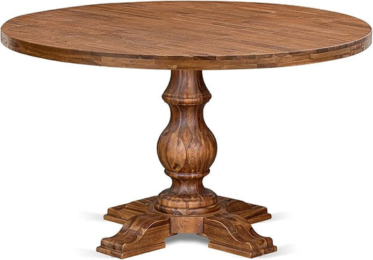 I55-0N-TP Modern Dining Table with Acacia Wood Round Tabletop and Stylish Pedestal Base - Antique Walnut Finish
