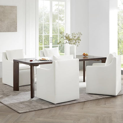 Upholstered Dining Chairs with Casters Washable Cover Side Deskchair with Rollers for Diningroom, Living Room, Cream, 1 Box