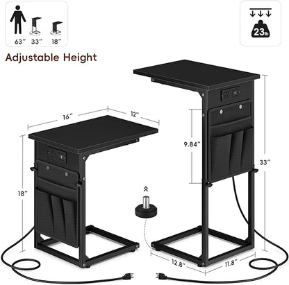 Vagusicc C Shaped End Table with Charging Station, Adjustable Height Side Table for Sofa, Couch Side Table for Small Spaces, Slide Under Sofa TV Tray Snack Arm Tables for Living Room, Bedroom, Black