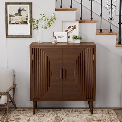 COSIEST 30" W Storage Cabinet with Doors and Shelves, Mid-Century Cabinet with Adjustable Shelf, Accent Sideboard for Kitchen, Dining Room, Living Room, or Hallway (Brown, Line Pattern)