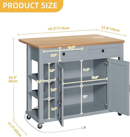 DWVO Rolling Kitchen Island with Drop Leaf, Mobile Storage Islands with Power Outlet Foldable Tabletop, 2 Drawers and Open Shelves, for Living Room, Dining Room, Blue Gray