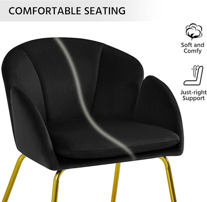 Yaheetech Modern Velvet Armchair, Flower Shaped Makeup Chair Vanity Chair with Golden Metal Legs for Living Room/Makeup Room/Bedroom/Home Office/Kitchen, Black