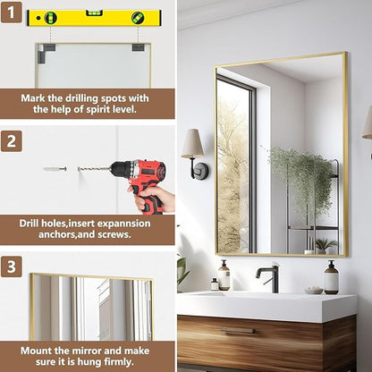 Gold Bathroom Mirror, 30"x36" Rectangle Mirror, Brushed Gold Mirror, Metal Frame Square Corner Vanity Mirror, Wall Mounted Mirror for Modern, Living Room, Bedroom, Horizontal Or Vertical