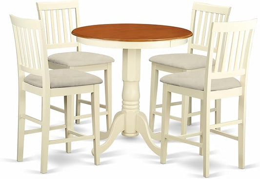 East West Furniture EDVN5-WHI-C 5 Piece Counter Height Dining Table Set Includes a Round Kitchen Table with Pedestal and 4 Linen Fabric Upholstered Dining Chairs, 30x30 Inch, Buttermilk & Cherry