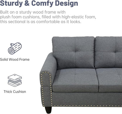 L Shaped Modular Sectional Sofa with Reversible Chaise Lounge, 5-Seater Corner Couch, Linen Upholstery Convertible Sofá w/Movable Ottoman, Cup Holders, 2 Pillows and Rivet Ornament for Living Room