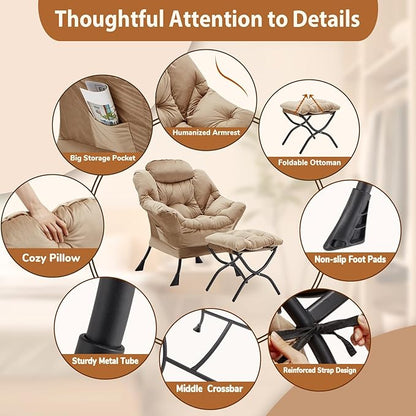 Lazy Chair with Folding Ottoman, Accent Chair Velvet Upholstered with Metal Structure and Non-Slip Pads, Sofa Armchair with Footrest and Side Storage Bag for Dorm, Room, Office, Khaki