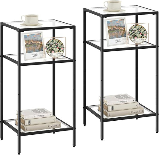 Homhedy 3-Tier Side Tables Set of 2, End Tables with Tempered Glass, Nightstands with Storage Shelves, Slim Sofa Tables for Living Room, Bedroom (2, Black)