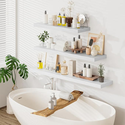 Heimlove 48W x 12D Long Floating Shelf, 12 Inch Deep White Floating Shelves for Wall Set of 2, Wood Shelves for Bedroom Living Room Bathroom Kitchen Home Office, Wall Shelves with Heavy Duty Bracket