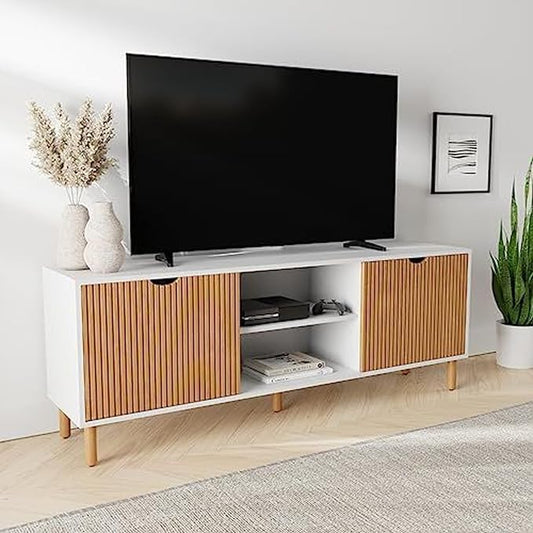 Fluted TV Stand & Entertainment Center - 70-Inch White & Oak - Supports 32-80-Inch TVs - Soft-Close Doors & Adjustable Shelves - Cord Management Media Console