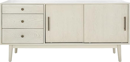 SAFAVIEH Couture Collection Tomas Mid-Century White Washed 3-Drawer Sliding Door Entertainment Media Stand (Fits up to a 65" Flatscreen TV)