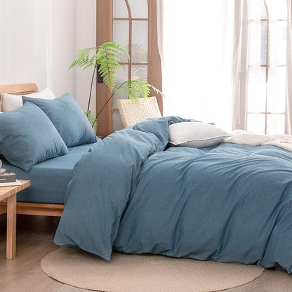 BESTOUCH Duvet Cover Set 100% Washed Cotton Linen Feel Super Soft Comfortable Chic Lightweight 3 PCs Home Bedding Set Solid Dark Blue Queen