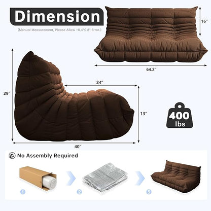 Bean Bag Chairs for Adults, BeanBag Reading Chair Memory Foam Couch 3-Seater, Floor Chair Soft Teddy Material, Comfy Reading Nook Chairs for Bedroom Living Room Office (Coffee)