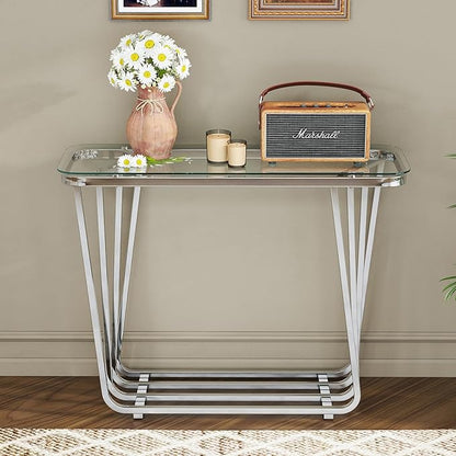 OIOG Glass Console Table for Entryway, Modern Entrance Table with Tempered Glass & Chrome Frame, Silver Sofa Table for Living Room Hallway