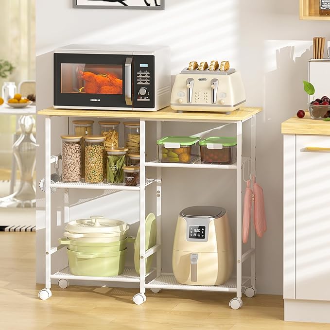 Kitchen Microwave Cart, Microwave Stand with Adjustable Shelf, Coffee Bar Stand Kitchen Baker's Rack with Wheels Rolling Storage Cart Organizer Shelf for Living Room, Office, Balcony