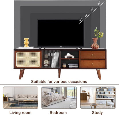 Tiita Rattan TV Stand for 55 65 Inch TV, Bamboo TV Cabinet with 2 Drawers, Boho Entertainment Center with Adjustable Shelf, Mid Century Modern Media Console for Bedroom, Living Room, Walnut