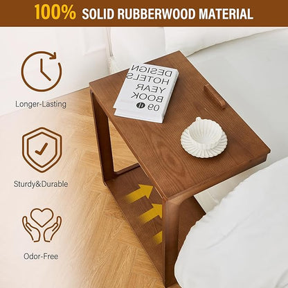 CozyDH Adjustable C Shaped End Table, Rolling Side Table Solid Wood TV Sofa Tray Table for Couch Arm Eating Multi-Purpose, Small Coffee Table with Wheels Living Room Bedroom, Walnut