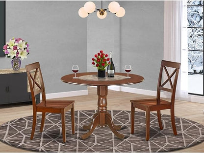 East West Furniture DLBO3-MAH-W 3 Piece Modern Dining Table Set Contains a Round Wooden Table with Dropleaf and 2 Dining Room Chairs, 42x42 Inch, Mahogany