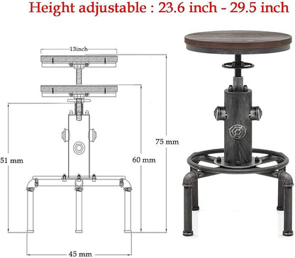 Topower Antique Vintage Industrial Barstool Solid Wood Water Pipe Fire Hydrant Design Cafe Coffee Industrial Bar Stool Set of 2 Silver