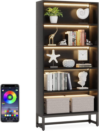 Tribesigns Tall Bookcase Black Bookshelf, 70.8” Large Bookcases Organizer with LED Lights, Heavy Duty Free-Standing Library Bookshelf with 5-Tier Storage Shelves for Living Room, Bedroom (Black)