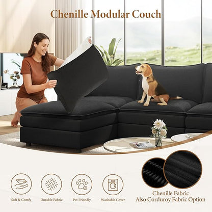 Vesgantti Large Modular Sectional Sofa, Big Comfy Cloud Couch with Ottoman Deep Seat Chenille Cloud Sofa, 8 Seater Large Sectional Couches for Living Room, Bedroom and Apartment, Black