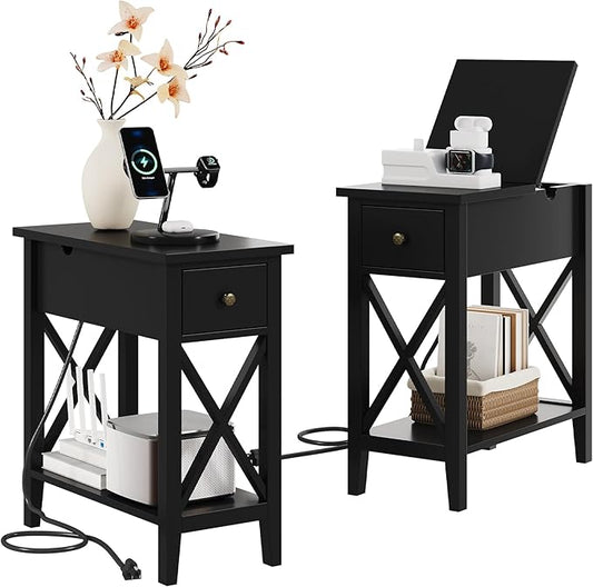ChooChoo End Table Set of 2 with Charging Station, Narrow End Table with USB Ports and Outlets, Small Side Table Nightstand with Drawer for Living Room, Bedroom, Black