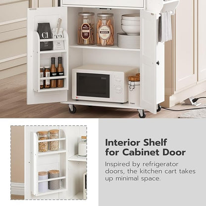 HOOBRO Kitchen Island with Power Outlet, Kitchen Storage Island with Large Worktop, Spice Rack and Drawer, Rolling Island on Wheels, for Dining Room, White and Natural